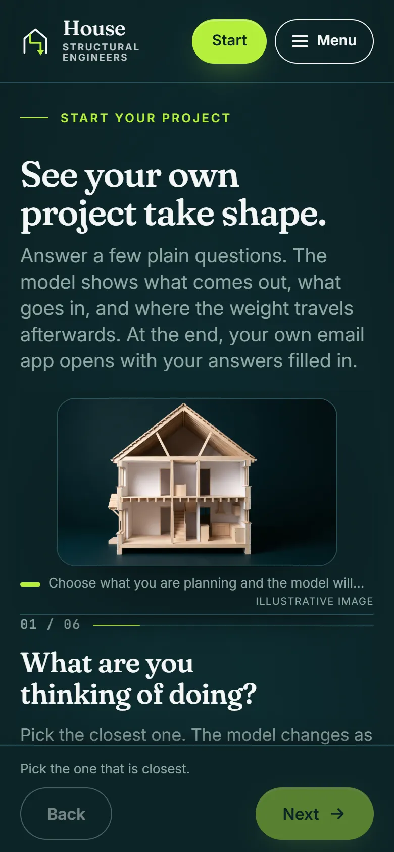Screenshot: the site open on a phone, at the start of the project form.