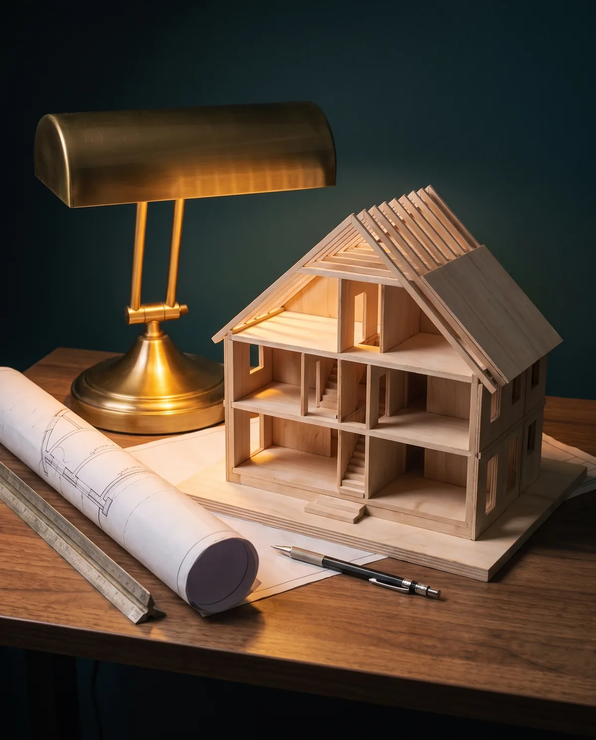 Illustrative image: a pale timber sectional model of a two-storey house on a desk, with a rolled drawing, a scale rule and a pencil beside it.
