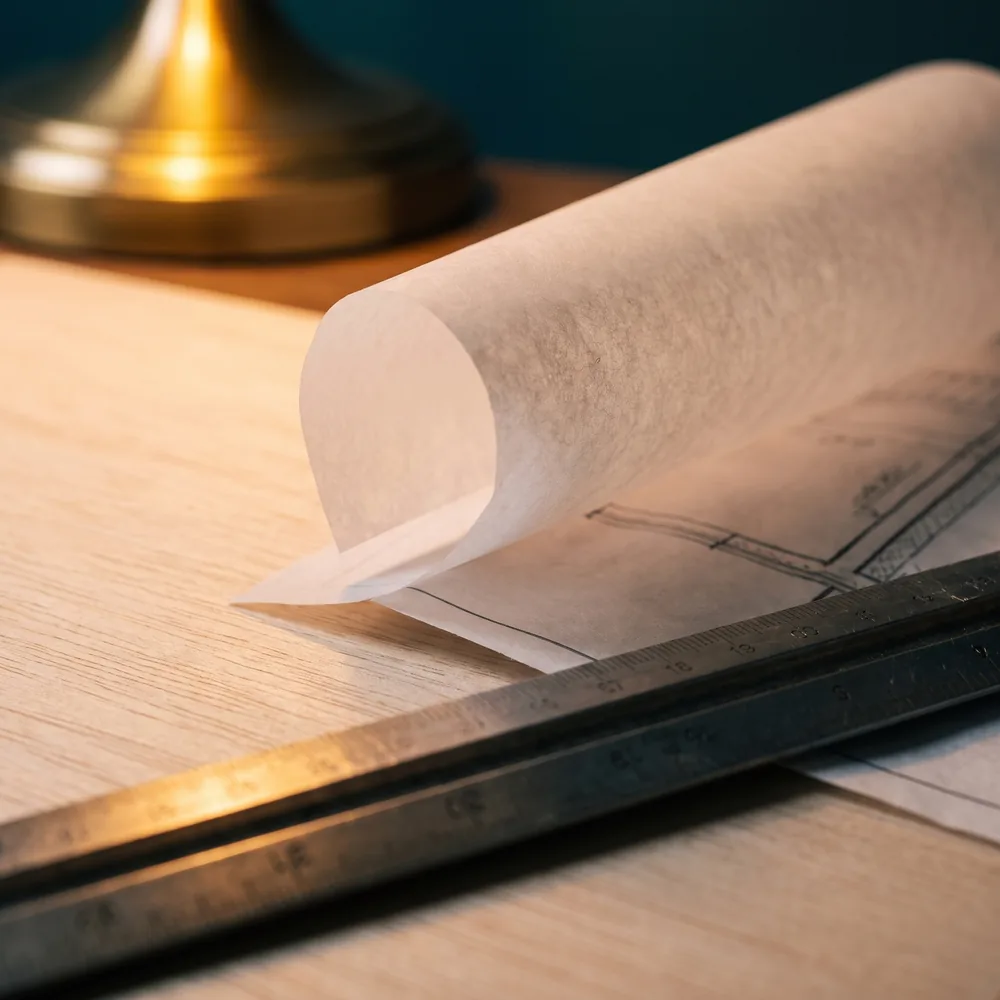 Illustrative image: the lifted edge of a sheet of trace paper curling back off a printed plan, with a steel scale rule across the lower edge.