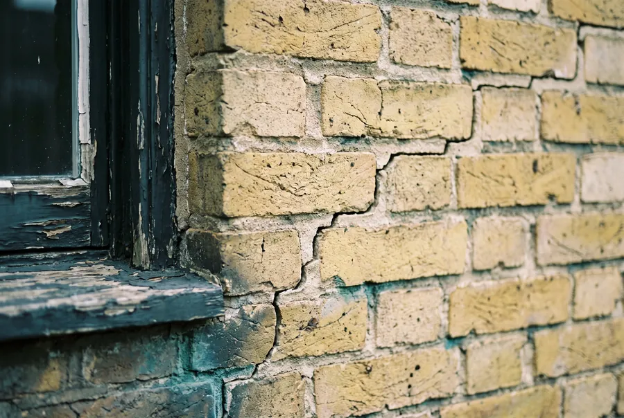 Illustrative image: a diagonal crack stepping through the mortar joints of a brick wall.