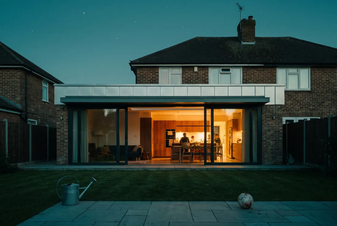 Illustrative image: a single-storey rear extension at dusk, glazed doors lit from inside onto a garden.