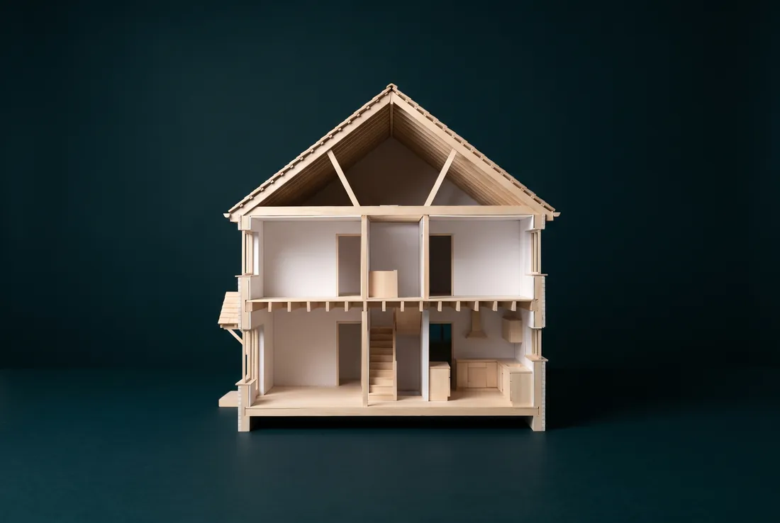 Illustrative image: a timber architectural model of a two-storey house cut through in section.