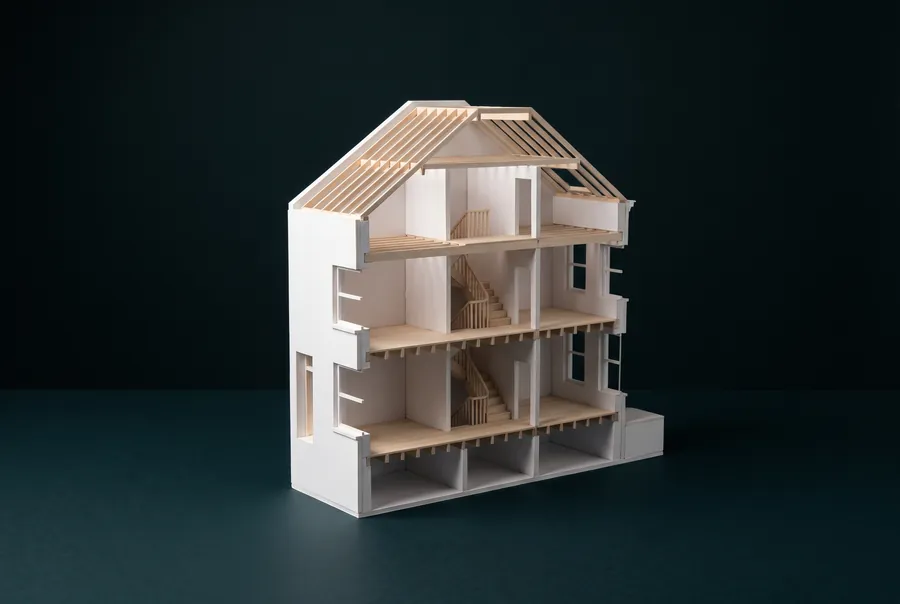 Illustrative image: a timber architectural model of a three-storey house, seen from an angle.